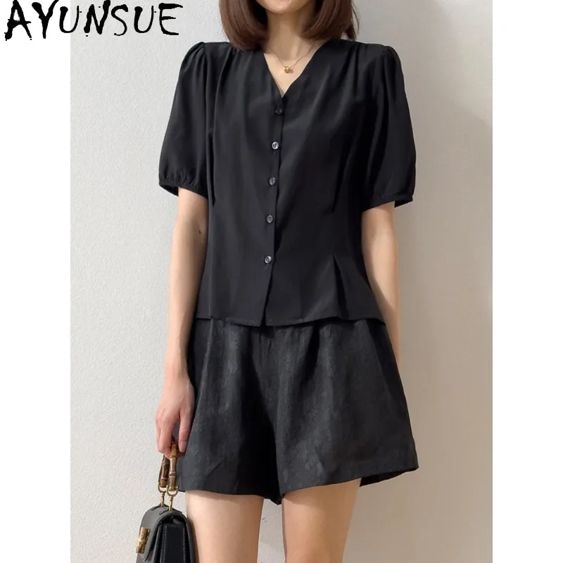 

AYUNSUE 100% Silk Women's Blouses and Shirts Puff Sleeves Tops for Woman French V-neck Black Shirt Woman Clothes Блузка Женская