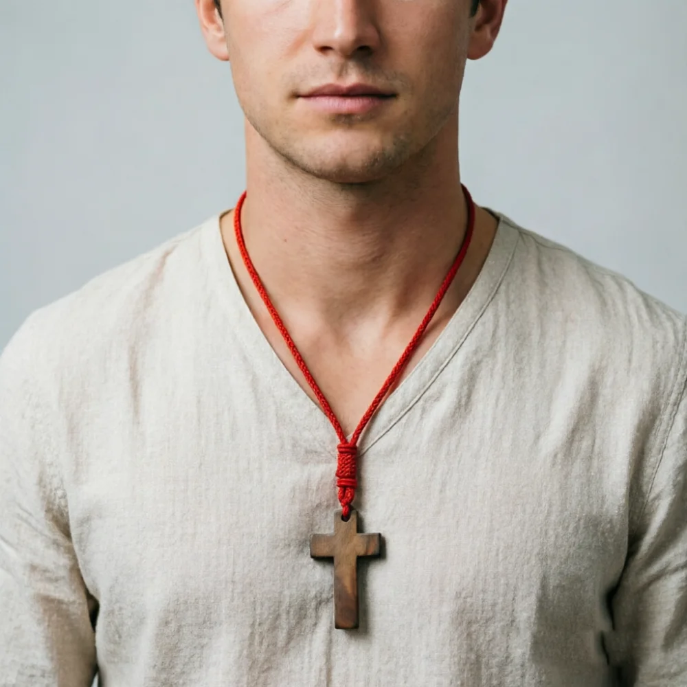 Wooden Cross Pendant Necklace 25Inches Red Braided Rope Chain Adjustable Religious Christian Amulet Neck Jewelry Men Prayer Gift
