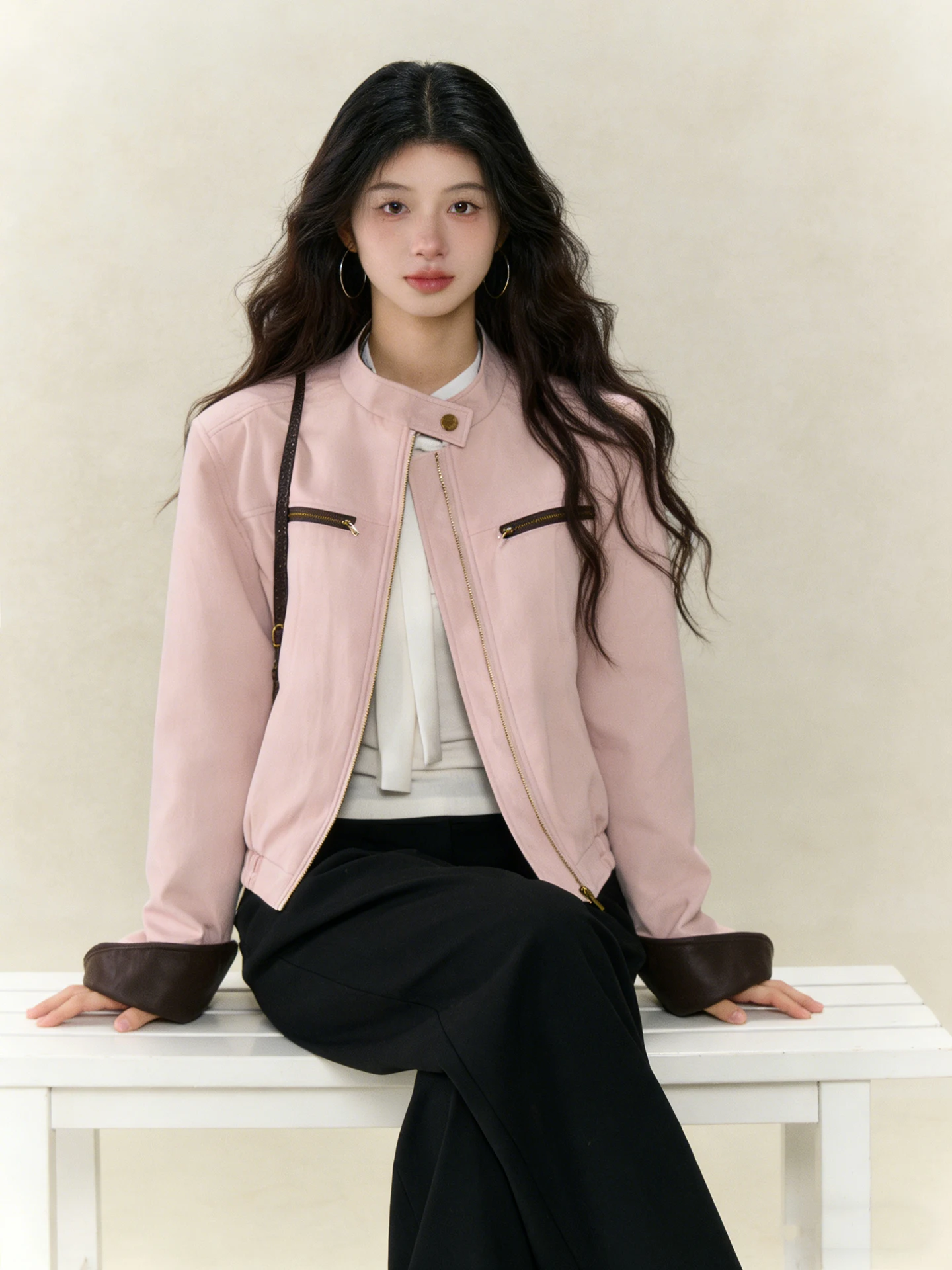 한국 스타일 핑크 스탠드 칼라 PU 가죽 재킷 여성용 2026년 봄 신상 컬러 콜리온 아우터웨어 탑