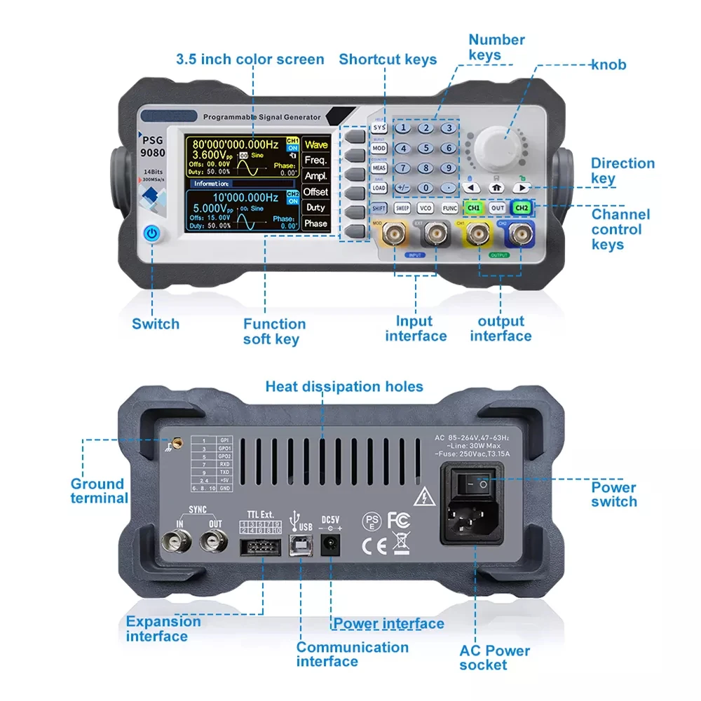 JUNCTEK PSG9080 80MHz DDS Dual/2-CH Digital Programmable Function Signal Generator Frequency Meter Arbitrary Waveform Generator