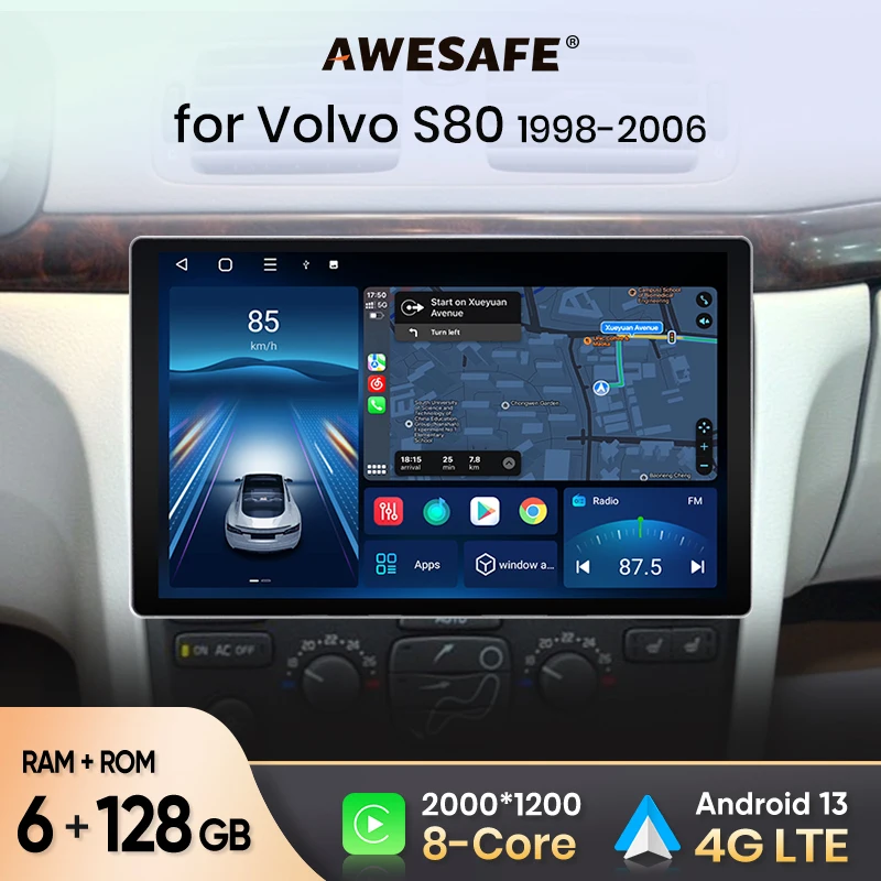 AWESAFE V3 Plus 2K Android 13 Wireless CarPlay Android Auto per Volvo S80 1998 1999 2000 2001 2002