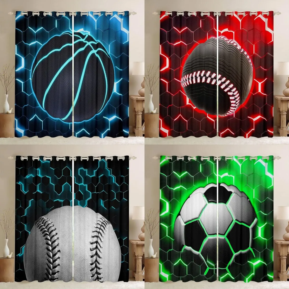 

2panel Basketball Semi-Blackout Curtain for Bedroom Boys Sports Theme Room Darkening Curtain for Kids Teens 3D Basketball Drapes