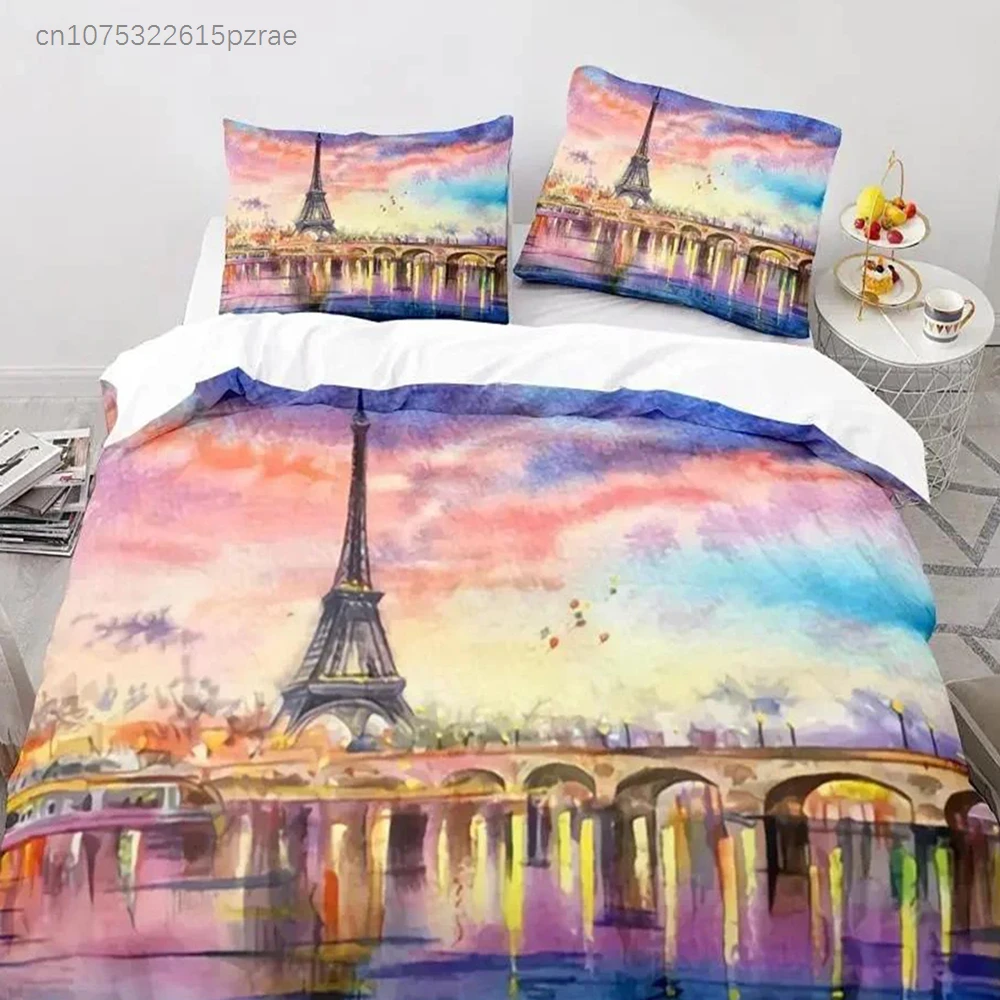 Eiffel Tower Duvet Cover Set King Size Vintage Beautiful World Famous Building Sakura Twin Polyester Bedding Set For Kids Girls