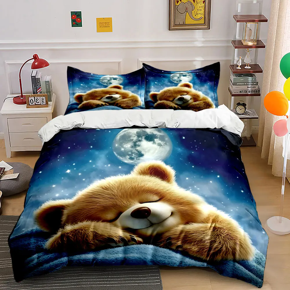 Schlafender Bär unter dem Mond. Bedrucktes Bettwäsche-Set, 1 Bettbezug, 2 Kissenbezüge für Erwachsene und Kinder, Luxus-Geschenk, volle Größe