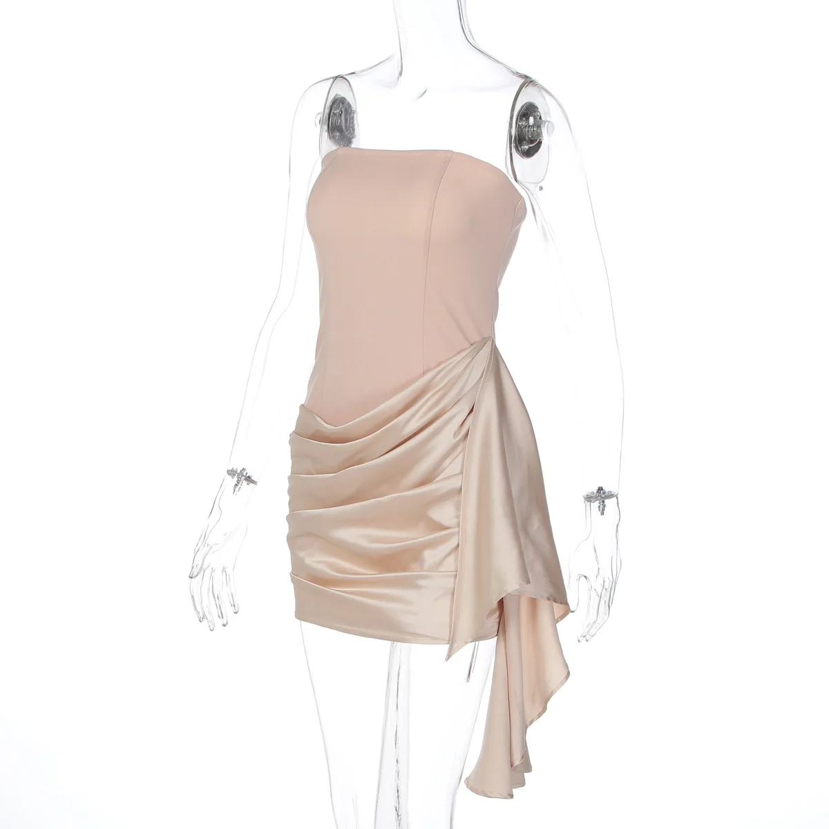 Satin Patchwork Side Ribbon Pleated Bodycon Mini Dress Women Elegant Sexy Strapless Backless Hispter Slim Party Clubwear