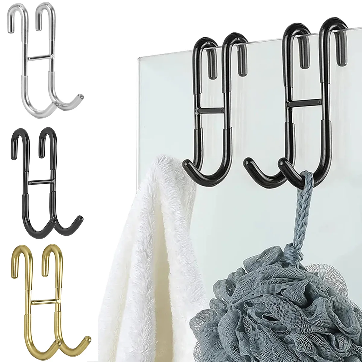 2 PCS Over Shower Glass Door Hook, Plated Gold, 304 Stainless Steel Rack Hooks, Bathroom Frameless Drilling-Free Hanger