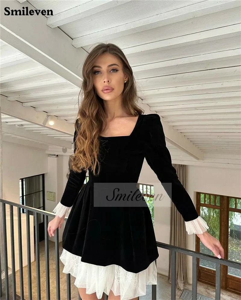 Smileven Black Velvet Mini Prom Party Dresses White Lace Evening Dresses Elegant Long Sleeve Women Prom Gowns vestidos de novia