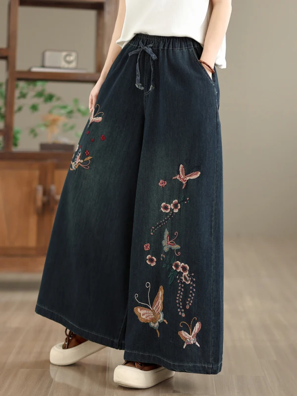 

Джинсы прямого кроя с вышивкой, широкие штанины, высокая талия, смесь хлопка и полиэстера, повседневные, на все сезоны