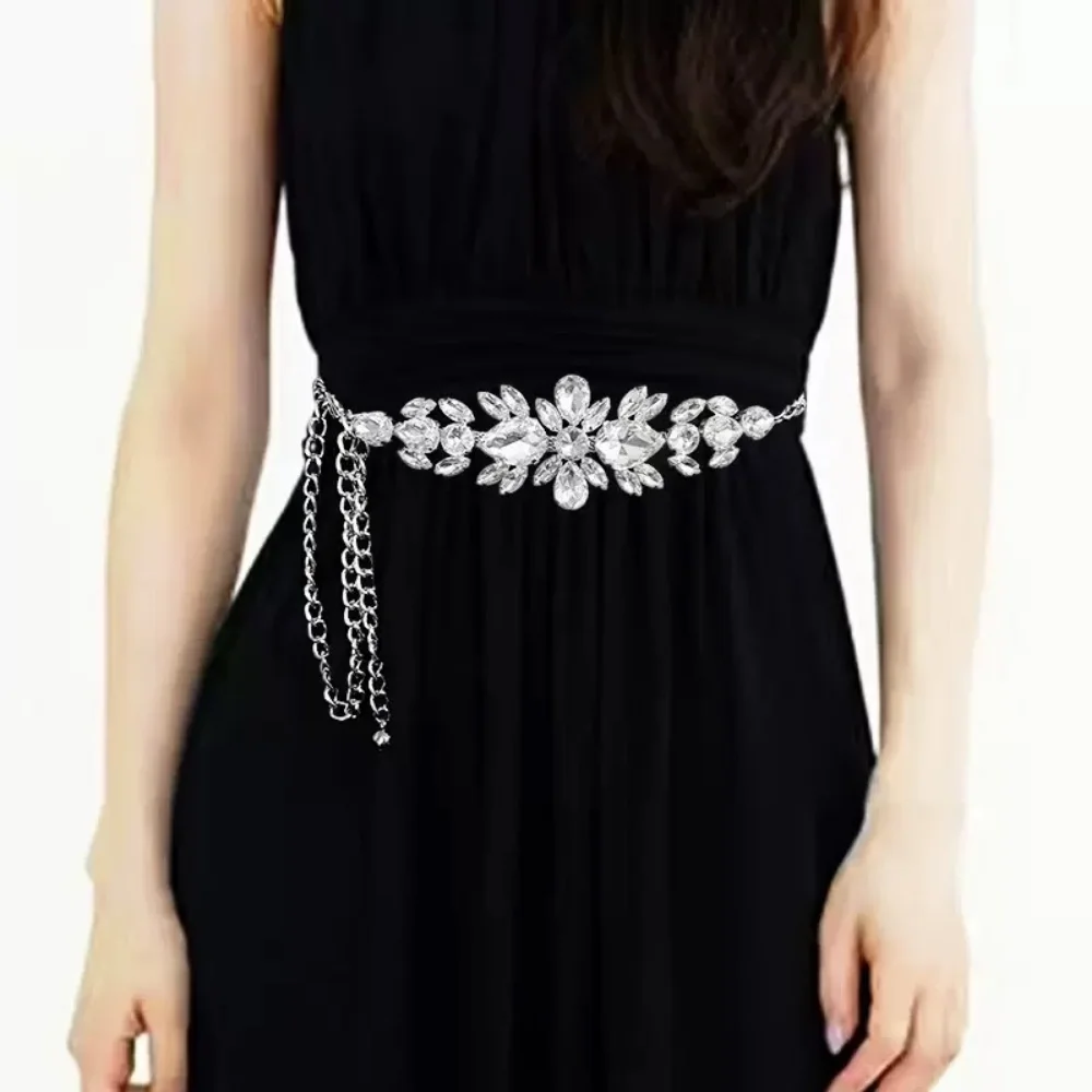 

Новинка 2025 года, женский пояс-цепочка со стразами, золотисто-белый регулируемый пояс-цепочка, роскошное платье, аксессуары для вечернего платья, свадебные украшения