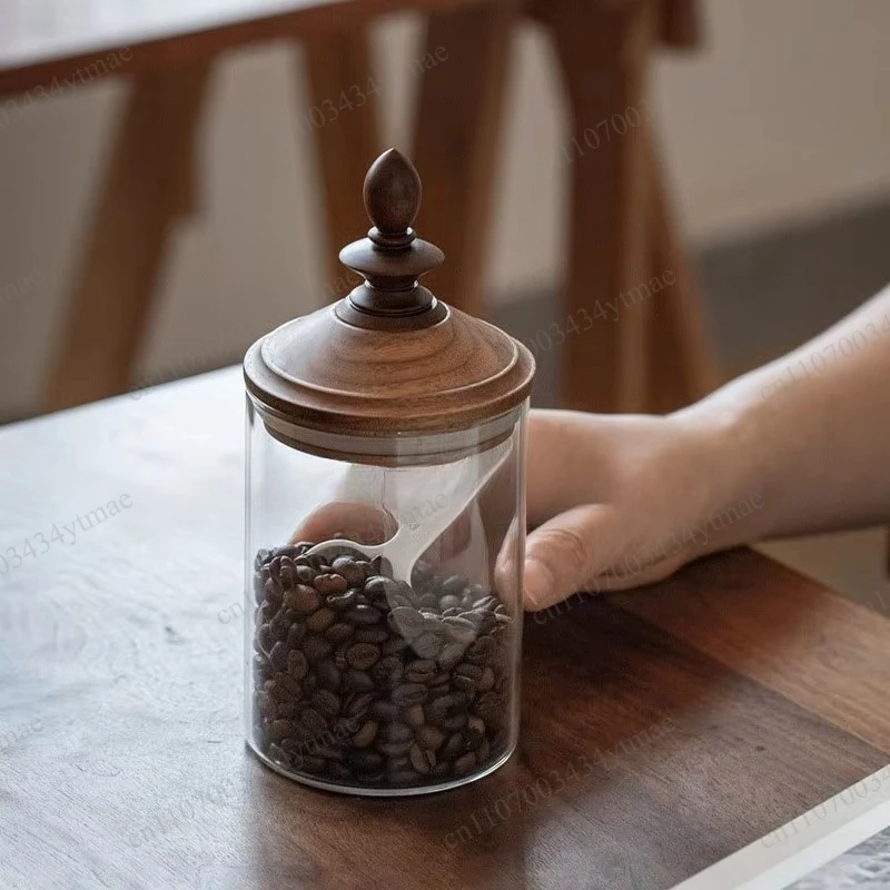 High Borosilicate Glass Jar Black Walnut Wooden Lid Coffee Bean Grain Storage Container Kitchen Dispenser