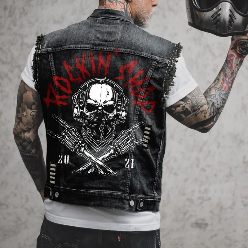 

2025 new mens denim jackets high street trend rock punk streetwear motorcycle vests vintage motorcycle riding jerseys mens vests