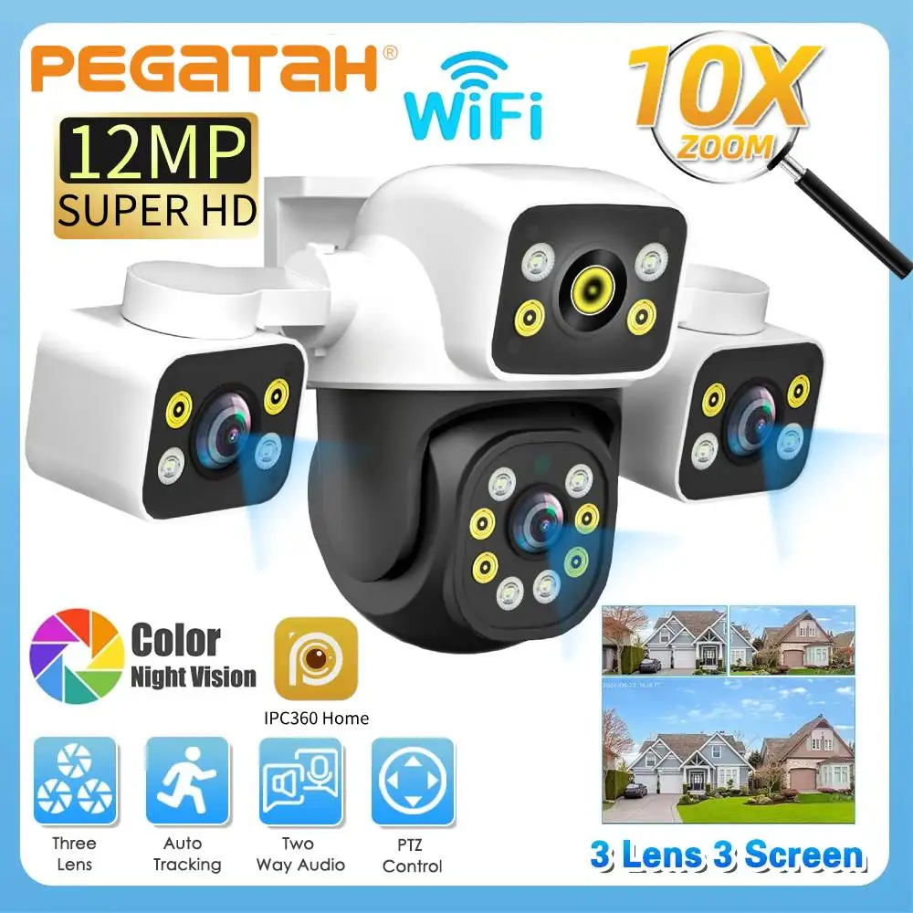 

Three Screen Three Lens 12MP HD WIFI IP Color Night Vision Camera 10X Zoom Auto Tracking IP66 CCTV Video Security IPC360Home