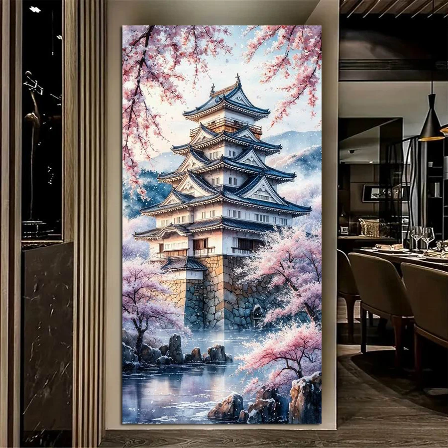 

Fullcang розовый вишневый храм большого размера Diy алмазное искусство наборы для рисования пейзаж полная дрель мозаика вышивка картина