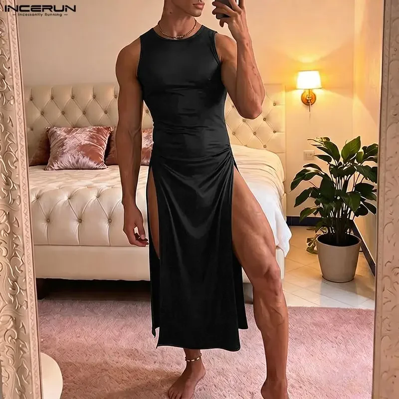 INCERUN Men Tank Tops Shiny O-neck Sleeveless Split Long Style Vests For Man Streetwear 2026 Pleated Fashion Party Men Clothes