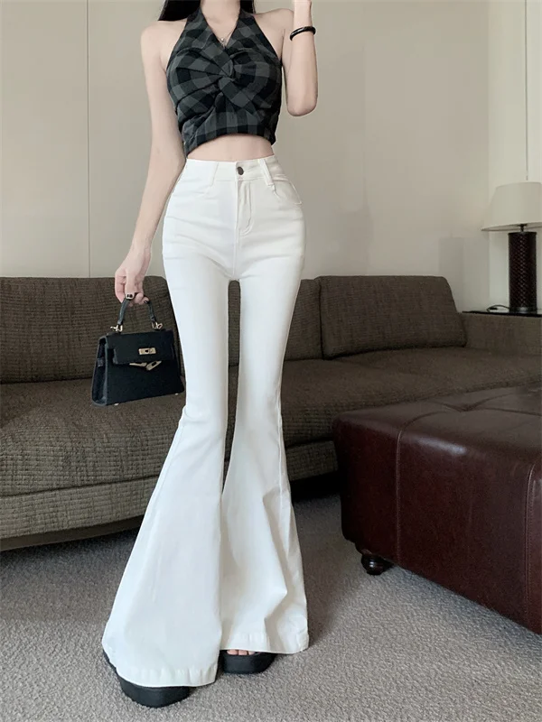 

Облегающие эластичные белые джинсы-клеш с высокой талией, универсальные осенние новые поступления, женские джинсовые брюки премиум-класса, повседневная одежда Sli