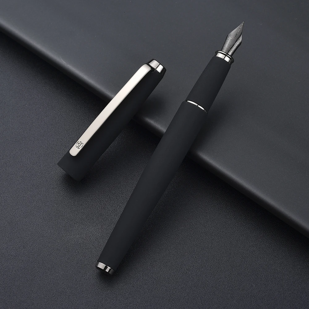 HongDian 517D Matte Black Full Metal Silver Clip Pens Titanium Classic ink Fountain-Pen EF F Bent Nib Pens School Office gifts