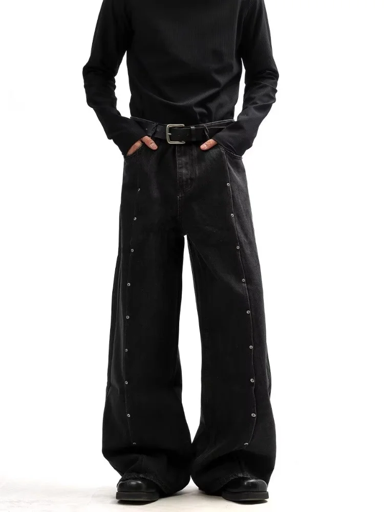 2025 Ropa Y2K نمط برشام تصميم مطوي أسود فضفاض الجينز السراويل للرجال الملابس واسعة الساق مستقيم طويل بنطلون بنطلونات أوم #3