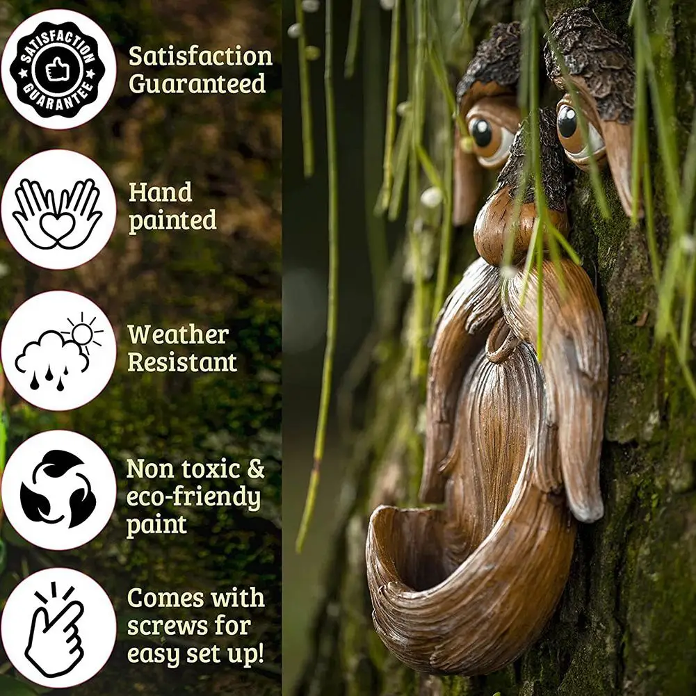 Baumgesicht-Vogelfutterspender für draußen, im Dunkeln leuchtende Augen, lustige alte Mann-Baumumarmungs-Skulptur, Gartenkunst, Rasenornament, Dekoration