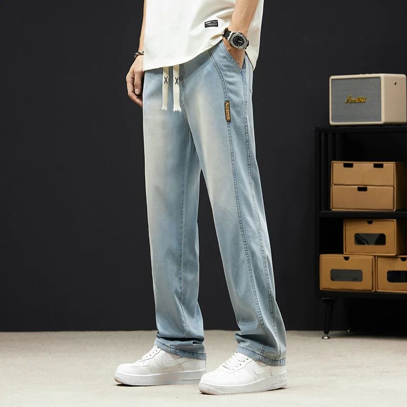 

Brand Clothing 2025 New Summer Lyocell Fabric Jeans Men Baggy Elastic Waist Straight Korea Thin Hip Hop Denim Trousers Male y2k
