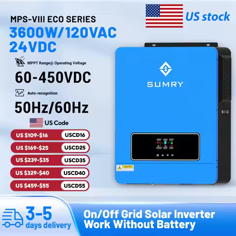 SUMRY Solar Inverter 3.6KW 24V 120V Pure Sine Wave on/Off Grid Inverter MPPT 110A Controller Charger 120A Home Use