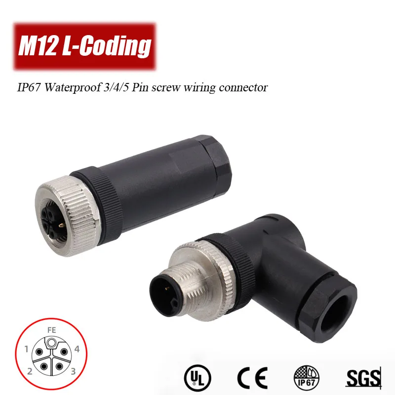 M12 L-coding Connector High Current 3 4 5 Pin Screw Wiring Straight Bend Assembled Plug L-code Male Female PG11 PG9 Connectors