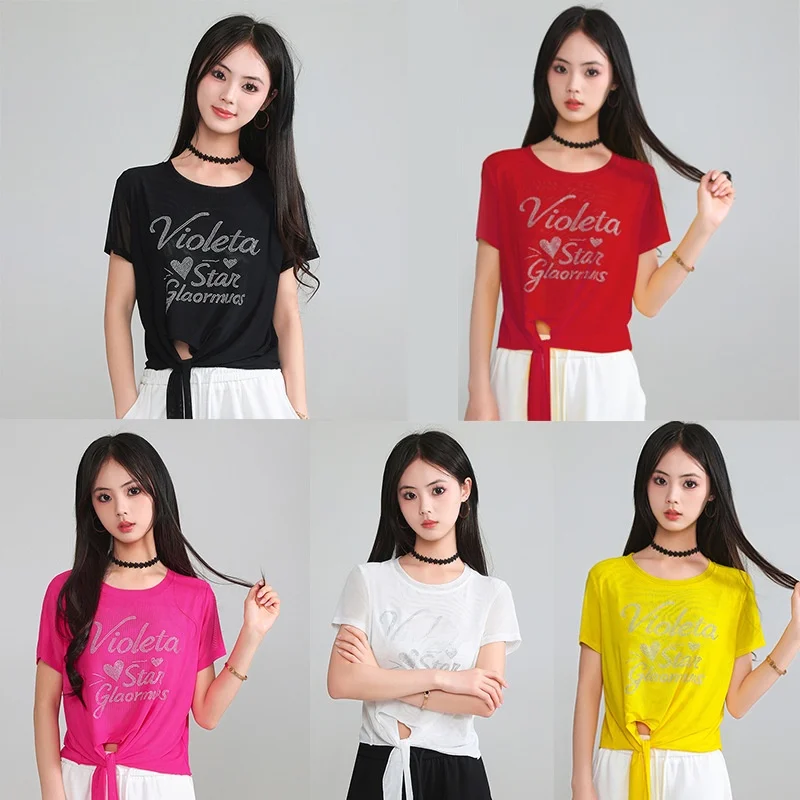 Summer New Loose Fitness Short Sleeve T-Shirt Women's plus Size Square Dance Netting Drill Casual Breathable round Neck Top