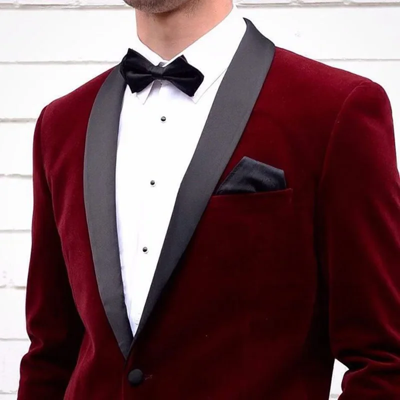 1 Piece Luxury Burgundy Velvet Men\'s Suits Single Breasted Black Shawl Lapel Slim Fit Blazer Formal Wedding Groom Jacket Outfit