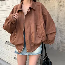 Deeptown Vintage Short Suede Jacket Women Oversize Y2k Streetwear Rider Jackets Autumn Korean Fashion Luxury Designer Clothing