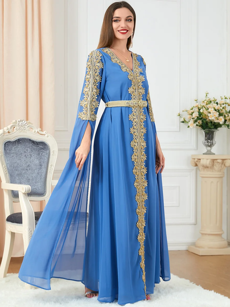 Djellaba Marocaine abito musulmano in due pezzi stampa in Chiffon caftano con cintura abito Ramadan abaya panno islamico vestiti delle donne turche