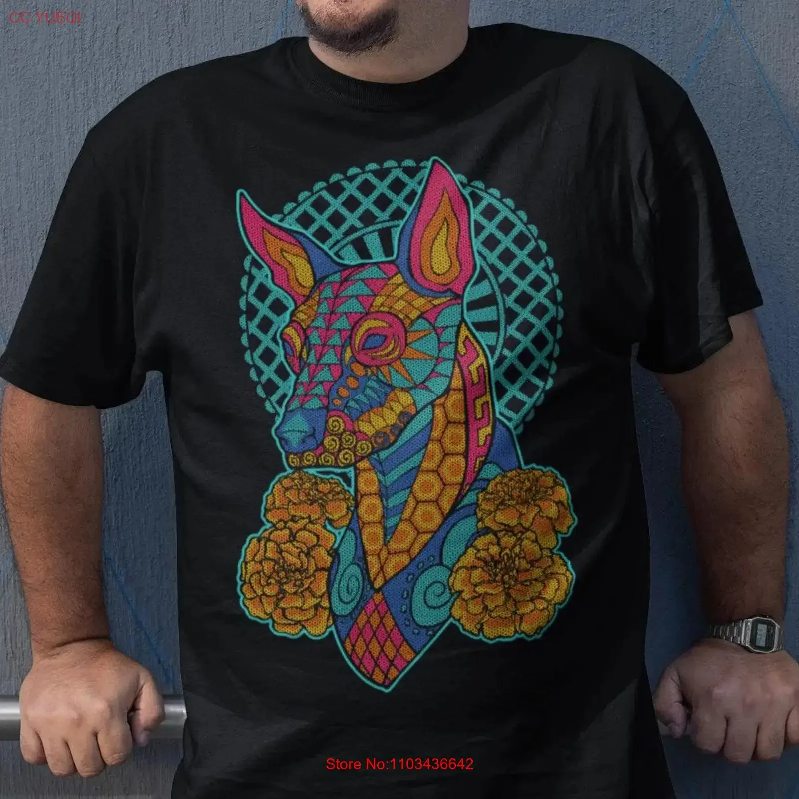 Camiseta de hombre Xoloitzcuintli con arte huichol del Día de Muertos, diseño de perro mexicano, vintage, lavada, transpirable, elástica y a la moda.