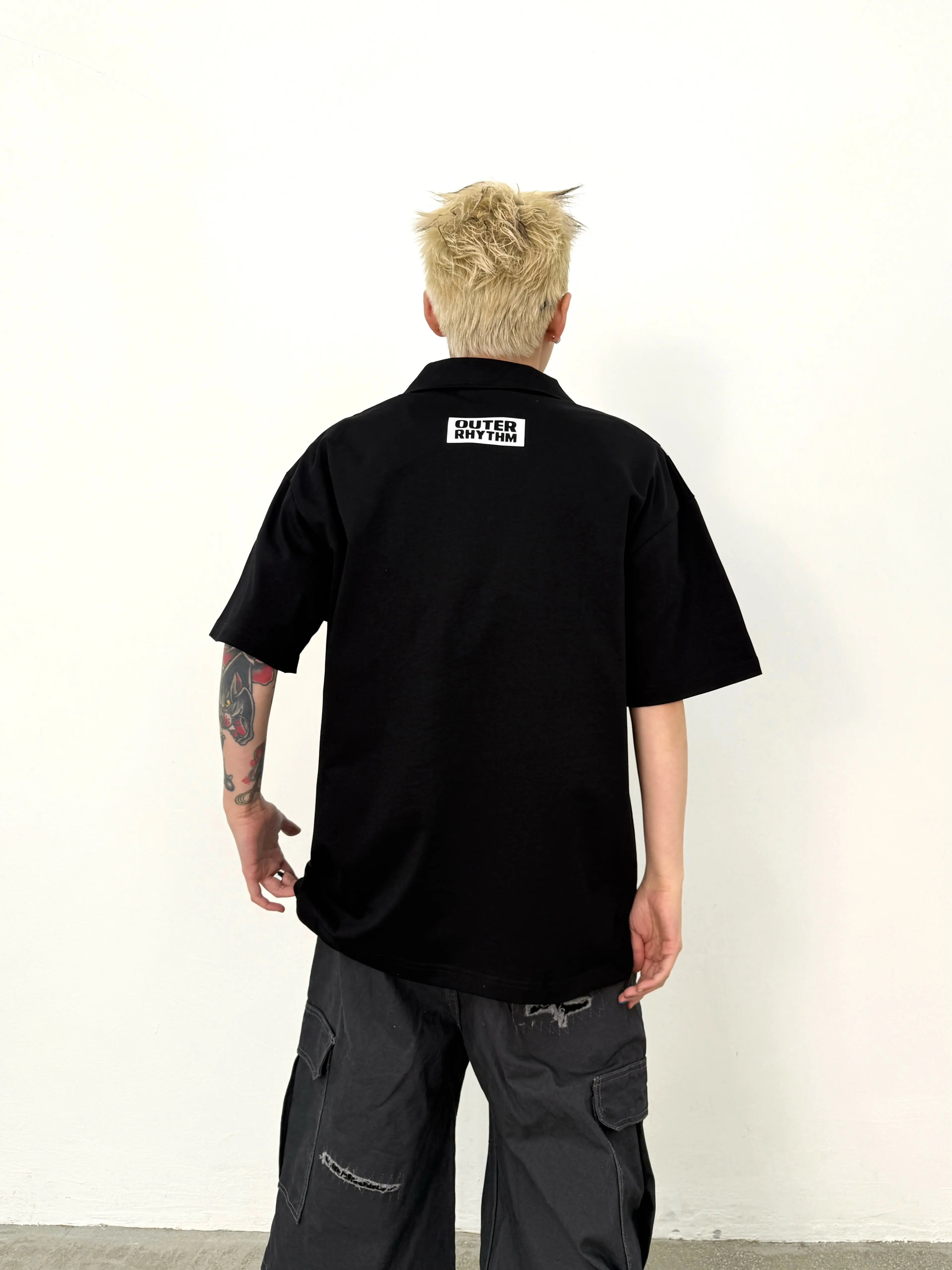 2026 Summer New Men's American High Street Style Black Lapel Polo Shirt Loose Casual Grey Letter Print Short Sleeve T-Shirt