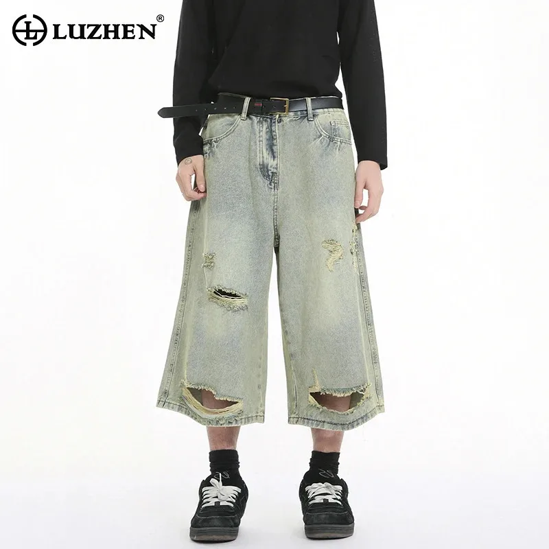 

LUZHEN Personalized Broken Hole Design Straight Cropped Denim Pants Men's 2025 Summer Street Wear Wornout Trendy Jeans JY2203