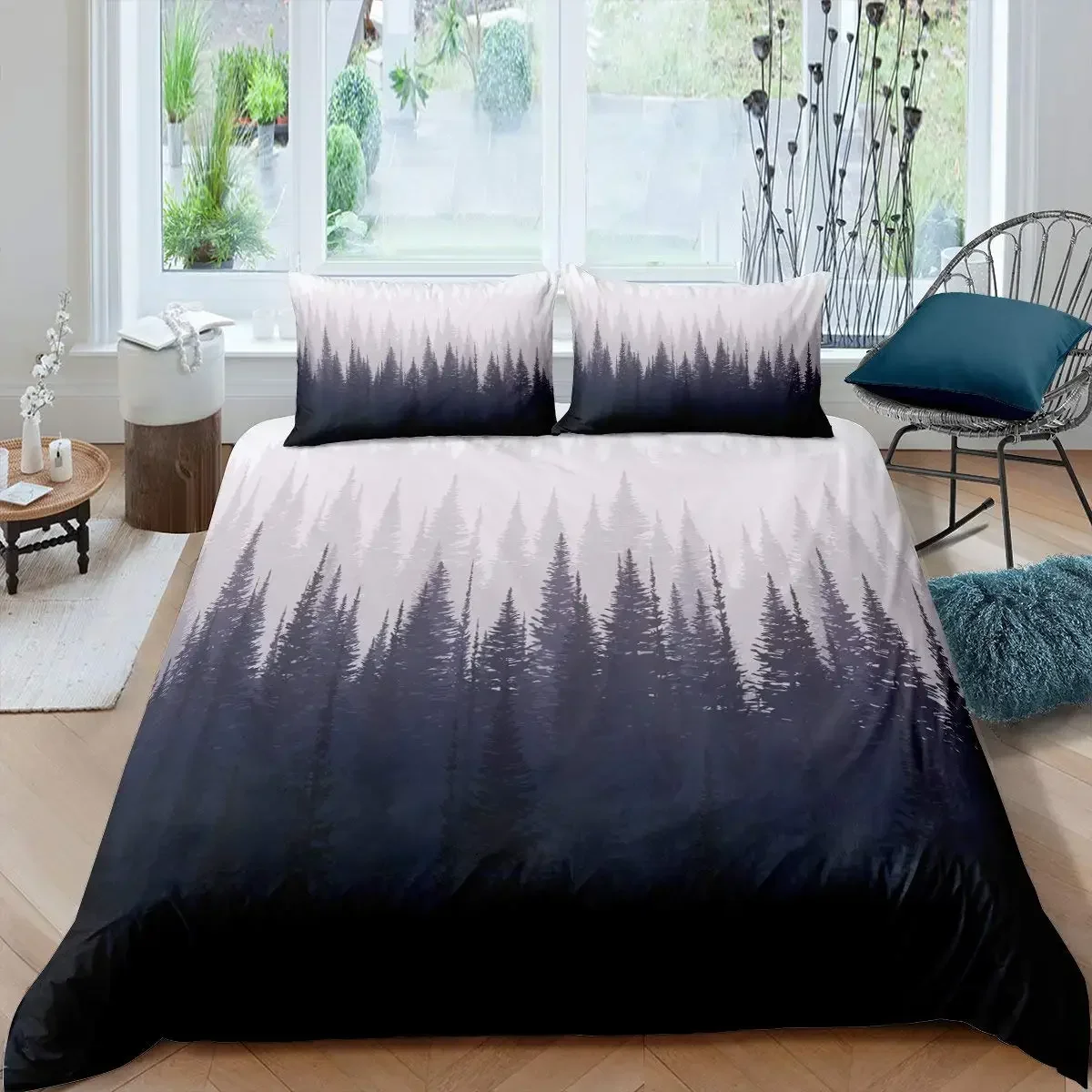 Smoky Mountain Duvet Cover Set Pine Trees Comforter Cover Boys Landscape Quilt Cover Natural Scenery Art Polyester Bedding Set