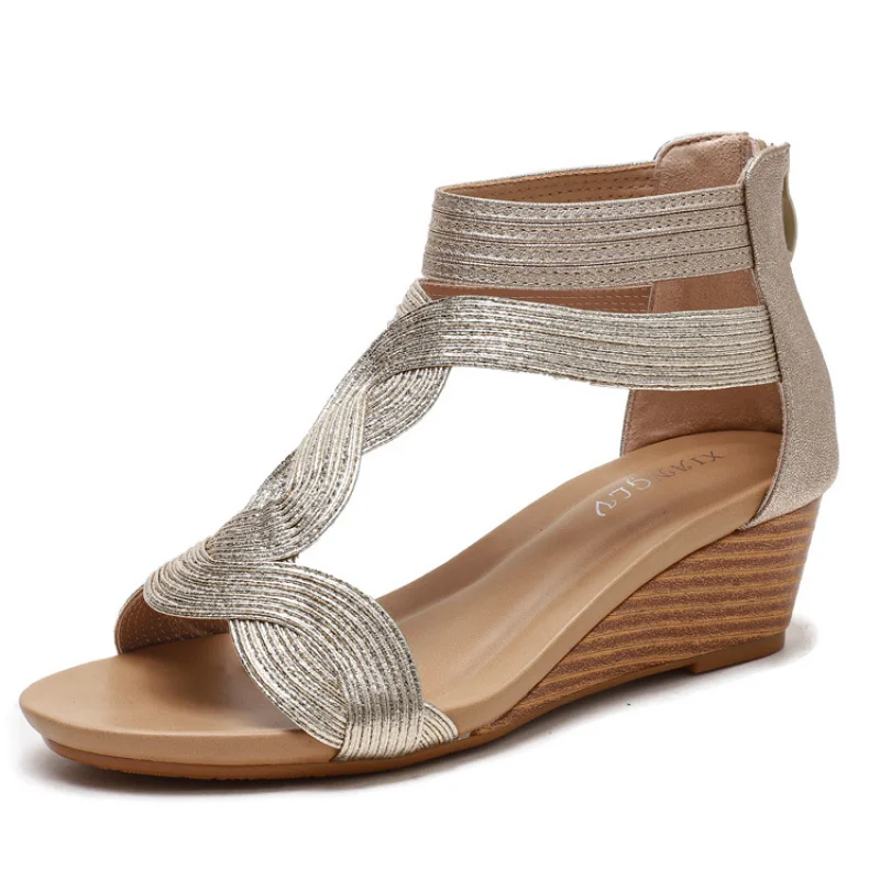 

sandals womenWedge sandals for summer European and American plus-size slimming women's shoes with back zipper Roman style shoes