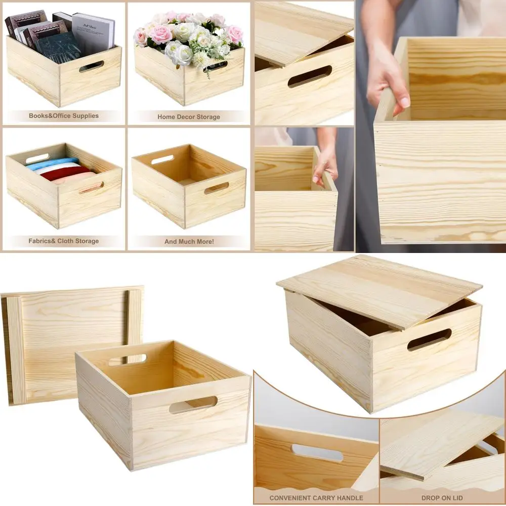 

Pine Wood Storage Crate - 15x12x7 Inches, Decorative with Lid and Hand Holes, Ideal for Home, Wine, Kitchen, Arts & Crafts