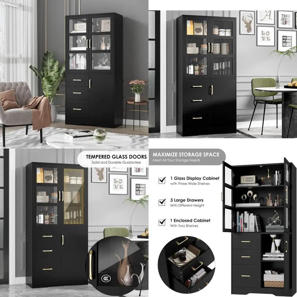 

Tall Display Storage Cabinet with HD Glass Doors, 67 Modern Glass Bookcase with 3 Drawers