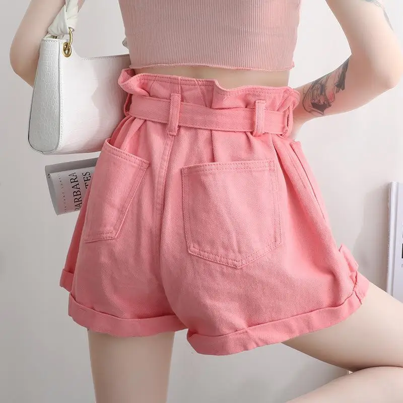Women's Denim Summer 2024 New Solid Color Loose High Waist Button Zipper Spliced Pocket Bandage Sweet All-match Fashion Shorts