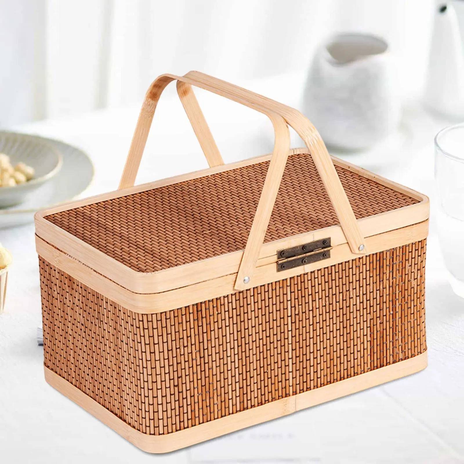 Handcrafted Bamboo Picnic Basket with Lid Versatile Food Storage Organizer Woven Basket for Outdoor Use