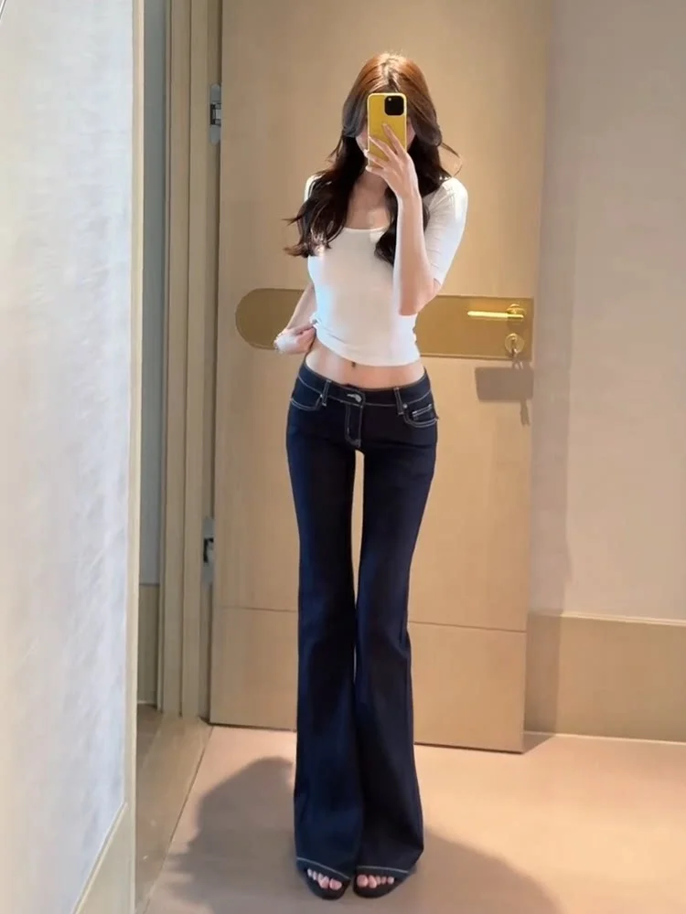 

Low Waist Slim Fit Denim Pants Korean Sle Spring Summer Thin Elastic Bell Bot with Flip Cover kets Cotton Stretch Denim