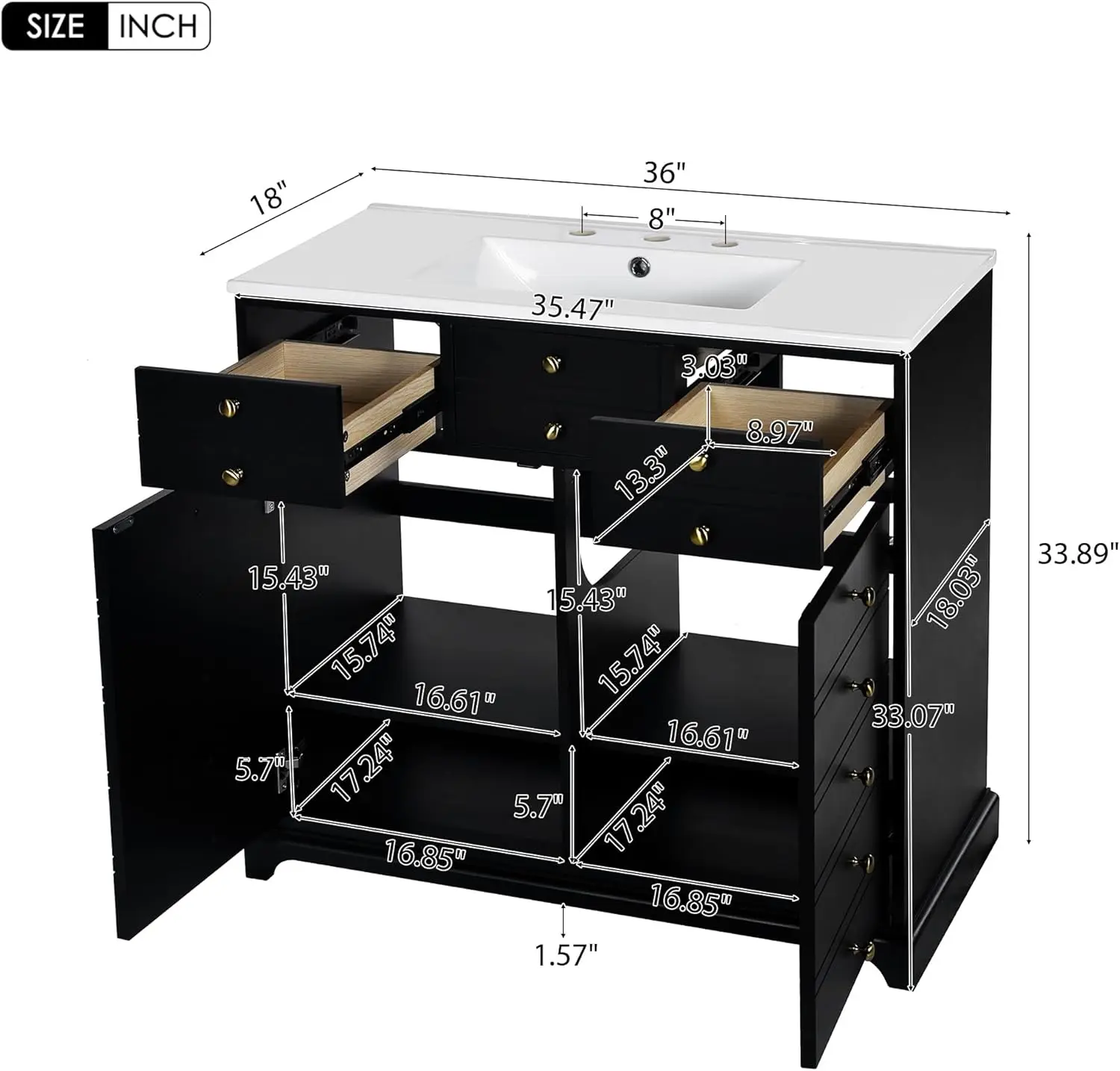 36 Inch Bathroom Vanity with Single Sink, Modern Bathroom Storage Cabinet with 2 Doors & 2 Drawers