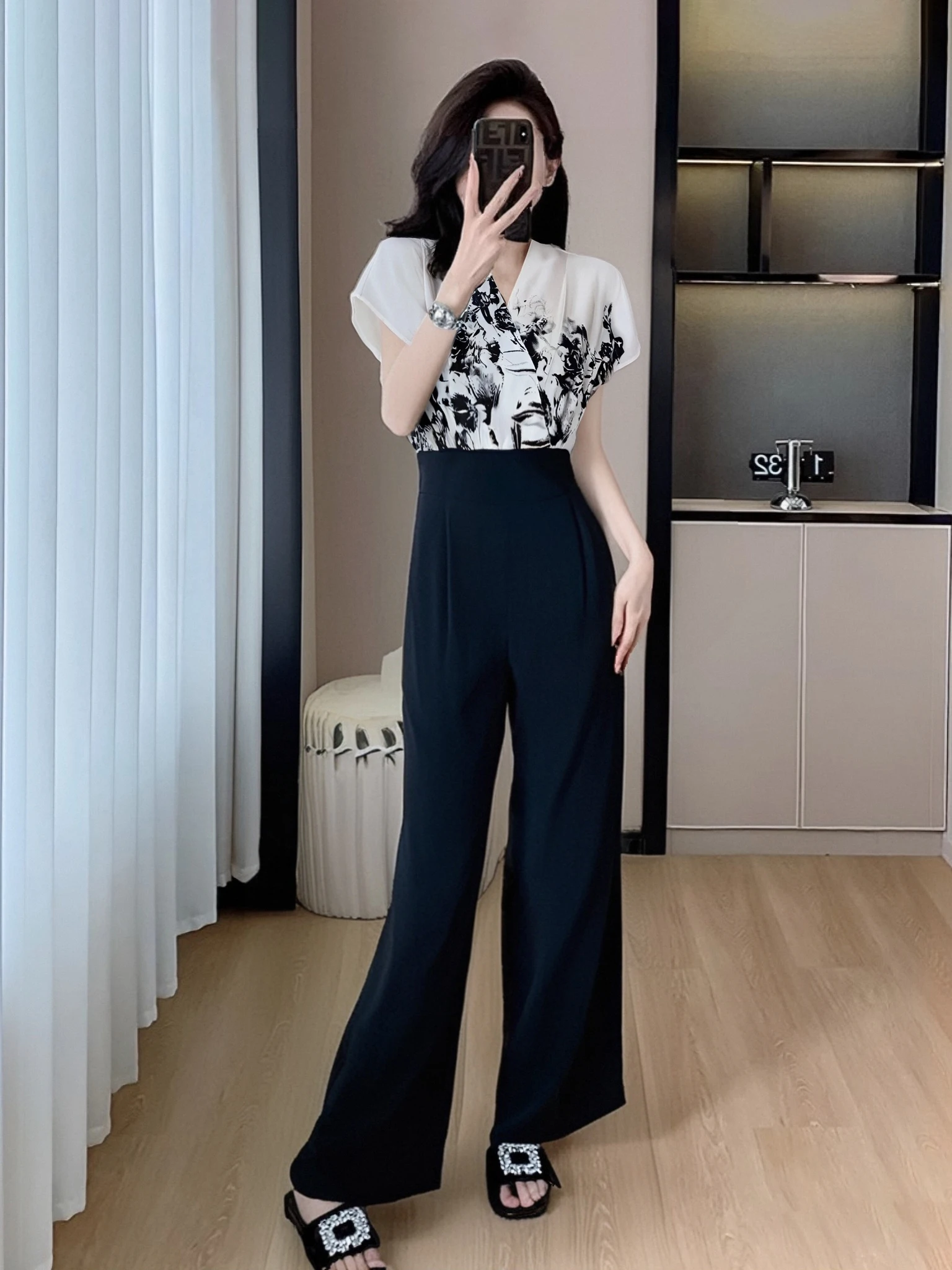 

Ele High Waist Straight Leg Jumpsuit Versatile Faionable Summer Slimming Ladylike Suit D0867 Polyester Fiber