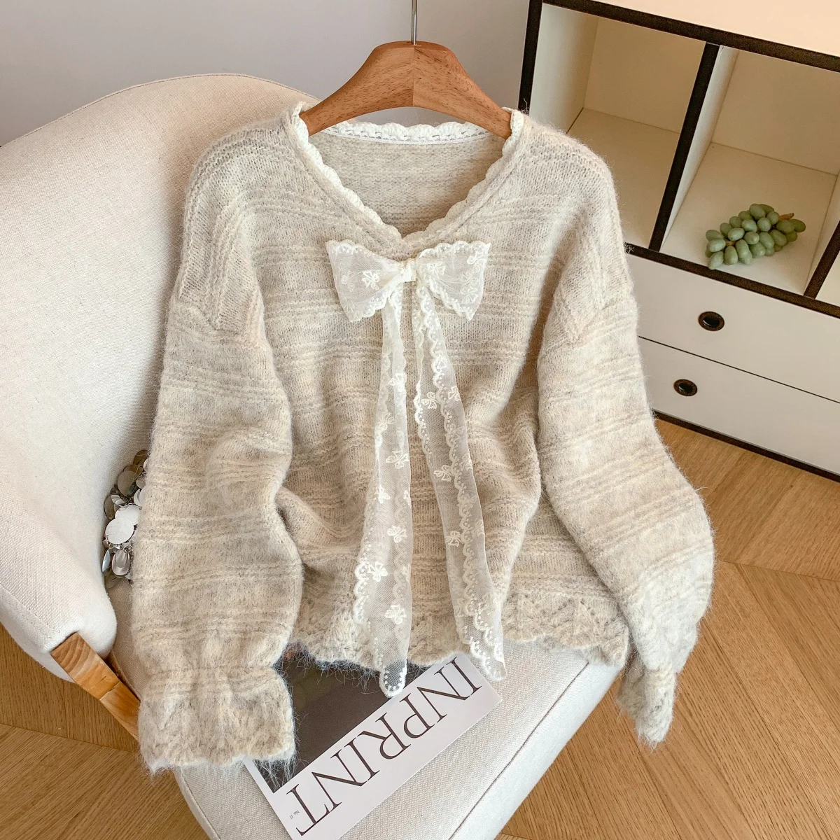 Damen V-Ausschnitt Langarm Casual Pullover mit Spitze Schleife Y2K Französisch Elegant High Street Ästhetische Mode Retro Herbst Winter Top