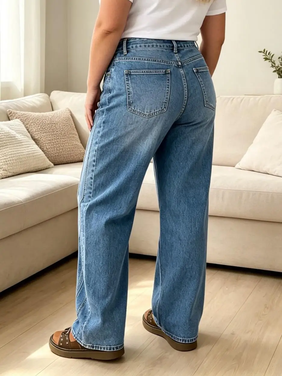 【HME】Jeans | High Rise Figure‑Flattering Denim Pants For Ladies, Wide Leg Straight Denim Jeans With Decorative Front Seam Details, Medium Wash Stretch Denim Fabric, Relaxed Silhouette Pants Suitable For Shopping And Daily Commute