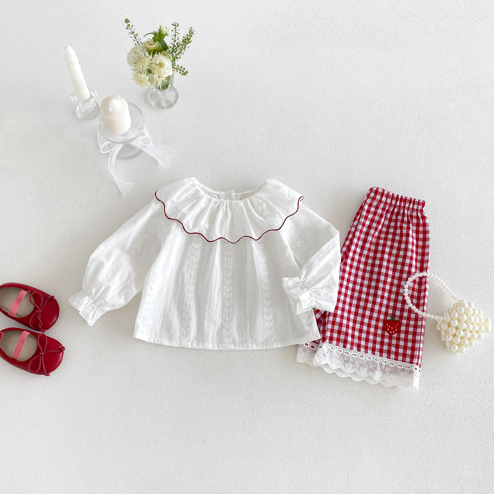 2026 Fall New Arrival Baby-Friendly Versatile doll Shirt for Girls, Long Sleeve with Bow Neckline, Jacquard Base Layer Blouse