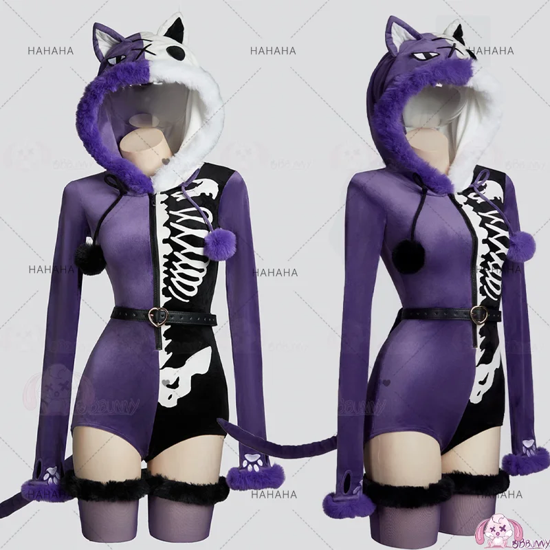 

Anime Panty & Stocking White Purple Cat Cosplay Costume Plush Clothes Outfit Animal Cute Downy Jumpsuits For Hallowmas Party