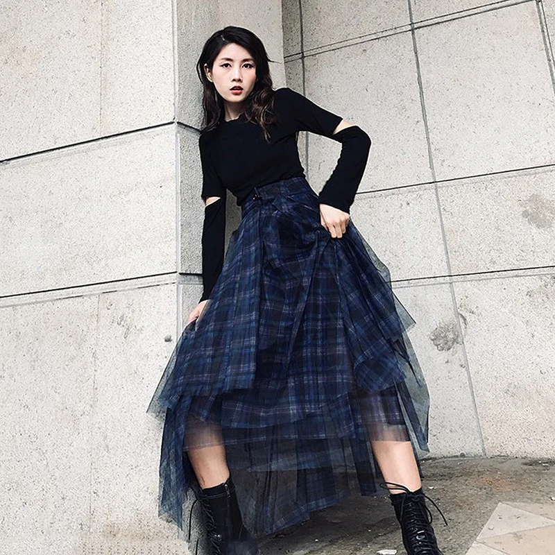 TWOTWINSTYLE Plaid Patchwork Mesh Women's Skirts High Waist Hit Color Elegant A Line Skirts Female 2020 Spring Fashion New