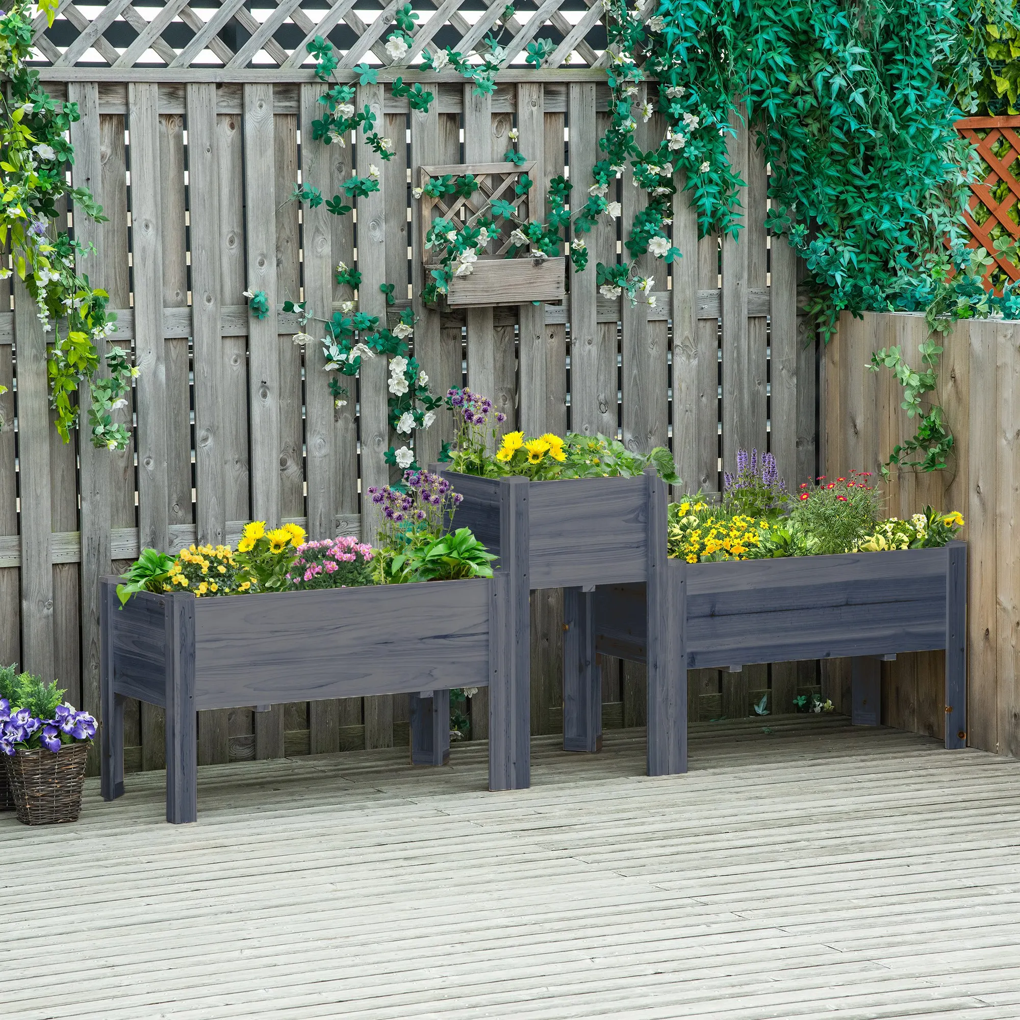 Raised Garden Bed, Set of 3 Wood Box & Trough Planters, Draining for flowers