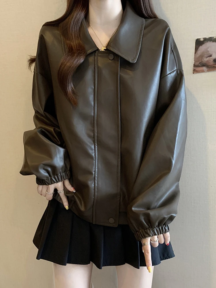 Giacca in Pelle da Donna Stile Coreano Oversize con Colletto Rovesciato Versatile per Autunno Inverno