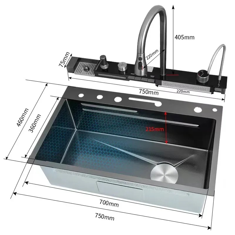 OEM LED Digital Handmade Black White SUS 304 Stainless Steel Waterfall Smart Multi function Kitchen Sink with pulling tap