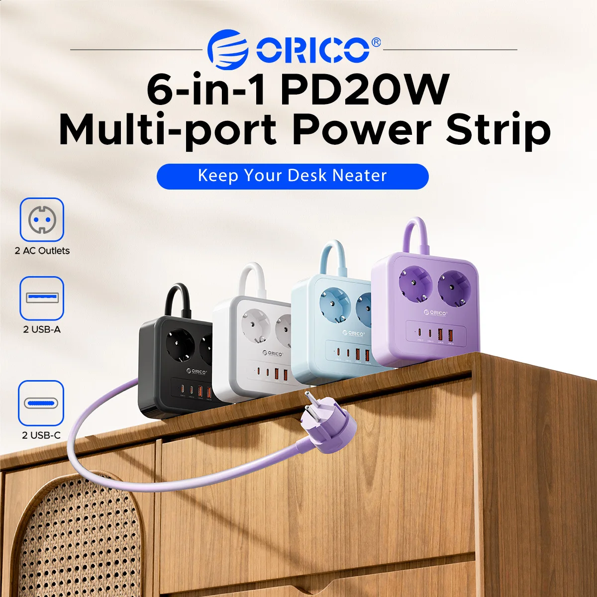 ORICO Square Plug PD20W Extension Cable Plug 2AC and 4USB ports Household Travel-EU Plug